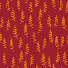 Autumn tones seamless pattern with bright orange tropic branch elements. Red maroon background.