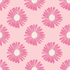 Fototapeta na wymiar Summer seamless pattern in pink bright tones with hand drawn daisy flower bud ornament. Blossom print.
