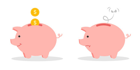 Happy full and sad empty piggy bank. Vector illustration in trendy flat style.