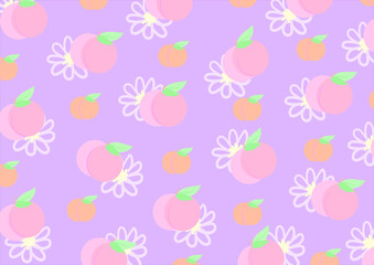 Pink and orange peaches with contour flowers on a purple background. Trendy illustrated pattern for corporate identity, stationery, packaging and wallpaper. Minimalistic floral background. Fruit forms