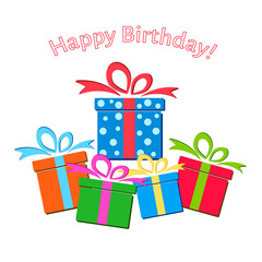 Birthday presents over white background, vector. Birthday gift boxes in flat design style