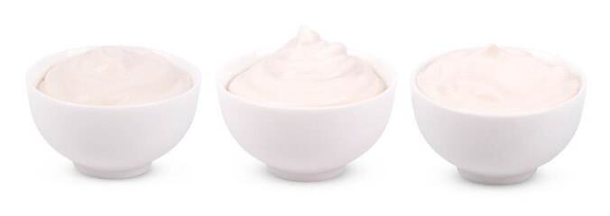 Set of Mayonnaise sauce in bowl isolated on white background with clipping path