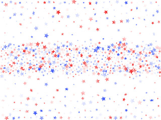 Flying red blue white star sparkles on white vector american patriotic background.