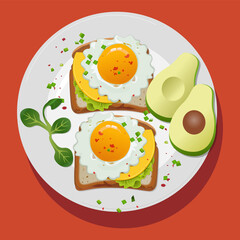 Avocado toast, sunny side up eggs and toast breakfast on white plate.