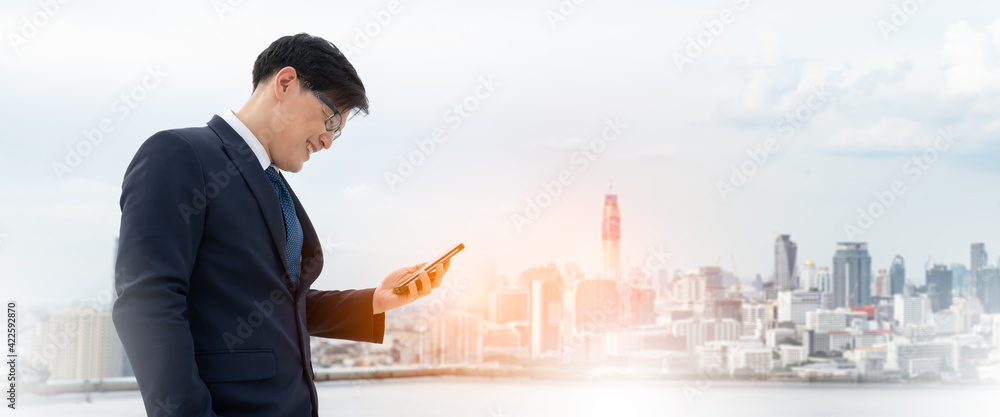 Poster double exposure of businessman using mobile smart phone on the city background with global network c