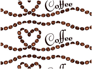 Sketch drawing pattern with brown coffee beans in heart shape isolated on white background. Line art coffee grains. Drink, espresso, text. Wallpaper for cafe, menu, bakery, bar. Vector illustration. 