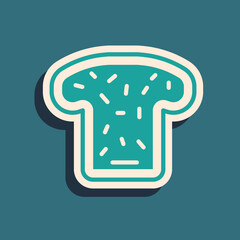 Green Bread toast for sandwich piece of roasted crouton icon isolated on green background. Lunch, dinner, breakfast snack. Long shadow style. Vector