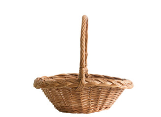 Empty wicker basket isolated on a white background.