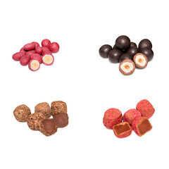 Set of sweets on white background. Almond, hazelnut chocolate and truffles. Handmade candies.