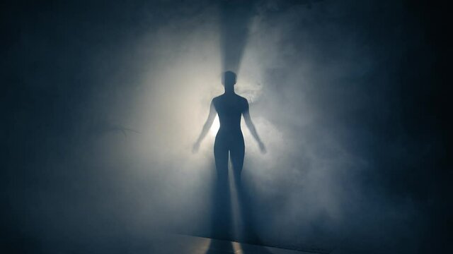 Woman silhouette doing fitness workout.Backlighted woman silhouette doing jumping jacks alone. Fitness training woman silhouette. Concentration, focusing, energetic concepts.
