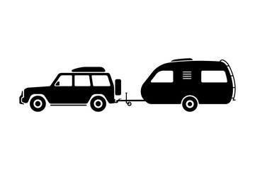 SUV with trailer caravan icon. Motorhome. Black silhouette. Side view. Vector simple flat graphic illustration. The isolated object on a white background. Isolate.