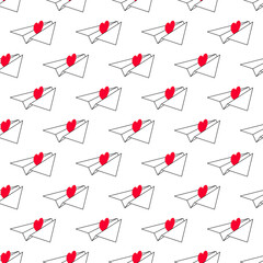 White paper airplanes with red heart symbols, seamless pattern