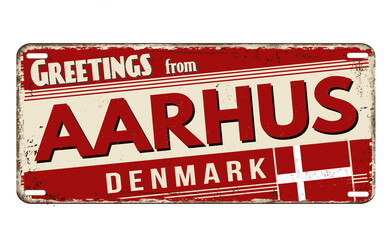Greetings from Aarhus vintage rusty metal plate