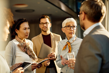 Mature businesswoman communicating with group of colleagues while working in the office.