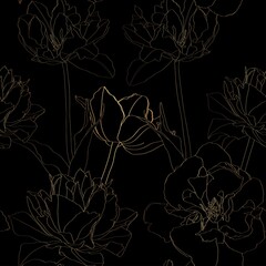 Beautiful backdrop with blooming tulips flowers, hand drawn with golden contour lines on black background. Gorgeous floral decoration. 