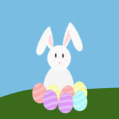 white rabbit next to easter eggs on the grass with blue sky