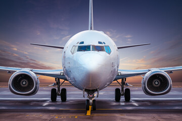 modern airliner at an airfield while sunset - obrazy, fototapety, plakaty