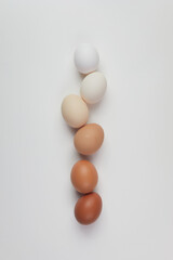 Different brown colors eggs on white background. Color gradient. Zero waste Easter concept.