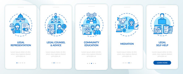 Legal services categories onboarding mobile app page screen with concepts. Community education walkthrough 5 steps graphic instructions. UI, UX, GUI vector template with linear color illustrations