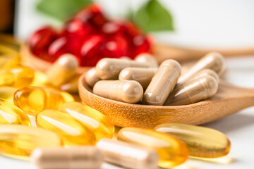 Alternative medicine herbal organic capsule with vitamin E omega 3 fish oil, mineral, drug with...