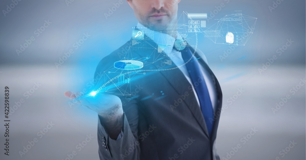 Poster composition of network of digital icons and data processing over hand of businessman