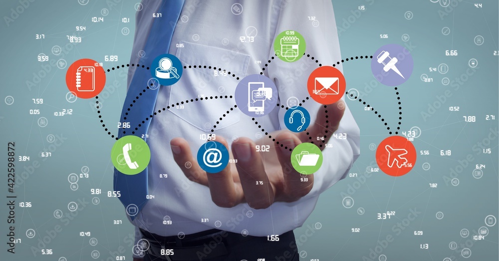 Aufkleber composition of network of digital icons with numbers processing over hand of businessman