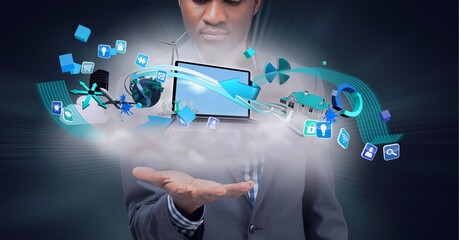 Composition of network of digital icons with laptop and wind turbine over hand of businessman