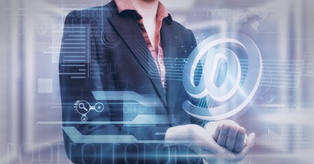 Composition of email digital icon and data processing over hand of businesswoman