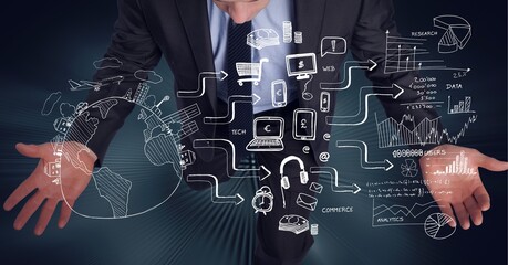 Composition of network of digital icons with globe over businessman