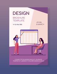 College girl giving report to teacher. Trainer explaining task to adult student flat vector illustration. Education, online distant learning concept for banner, website design or landing web page