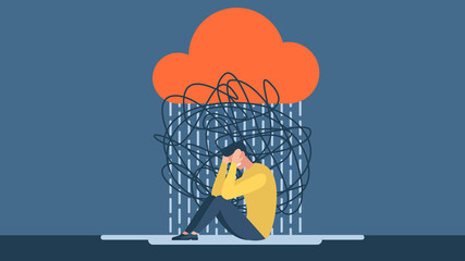 Man with anxiety touch head surrounded by think. Mental disorder and chaos in consciousness. Frustrated guy with nervous problem feel anxiety and confusion of thoughts vector flat illustration. 