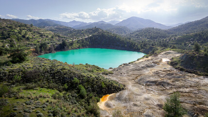 Aerial view of abandoned open pit Memi mine in Xyliatos, Cyprus. This area is rich with copper and...