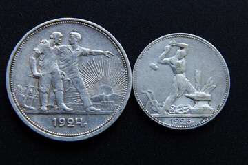 Vintage russian silver coins on dark background