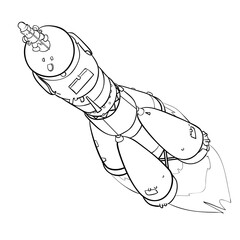 sketch, rocket, coloring book, cartoon illustration, isolated object on white background, vector illustration,