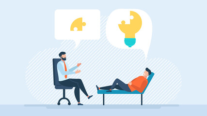The patient receives support from a specialist. Problem solving. Vector illustration, psychotherapy, unraveling complex situations, the concept of social psychiatry, therapist and patient vector