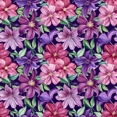 Seamless pattern. Watercolor purple flowers on isolated background, botanical painting. Floral design Clematis 