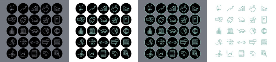 collection of 25 color customizable finance and stock exchange icon in four different variations