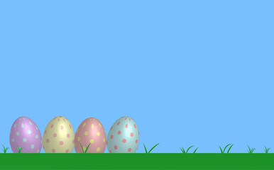 realistic easter eggs on grass on light blue background