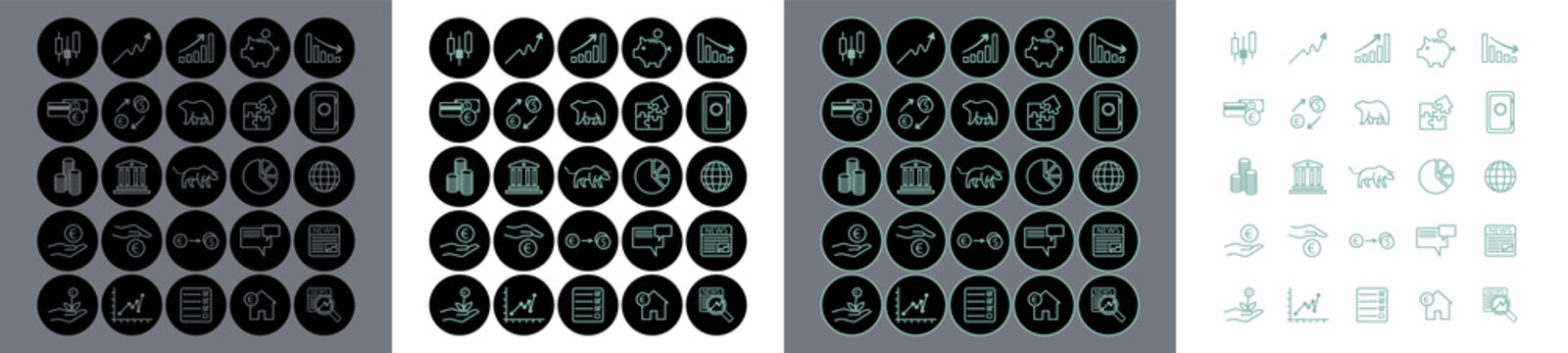 collection of 25 color customizable finance and stock exchange icon in four different variations