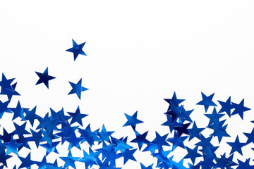 Christmas border with blue star confetti. Holiday background for New Year on white