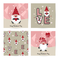 Valentines day card set with cute gnome and red hearts. Vector love illustration.