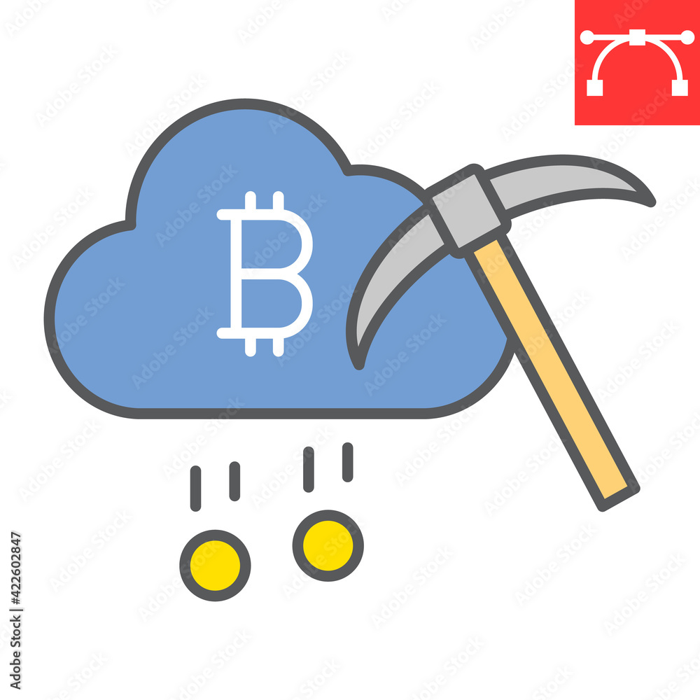 Poster cloud mining color line icon, cryptocurrency and bitcoin, cloud with pickaxe vector icon, vector gra