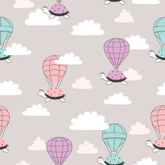 Seamless pattern with cartoon turtles and air balloons. Vector illustration for kids