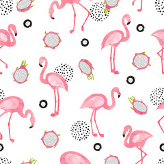 Flamingo bird pattern. Vector seamless watercolor tropical background with flamingos and dragon fruit.