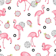 Poster Flamingo Flamingo vogel patroon. Vector naadloze aquarel tropische achtergrond met flamingo& 39 s en dragon fruit.