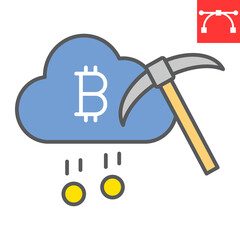 Cloud mining color line icon, cryptocurrency and bitcoin, cloud with pickaxe vector icon, vector graphics, editable stroke filled outline sign, eps 10.