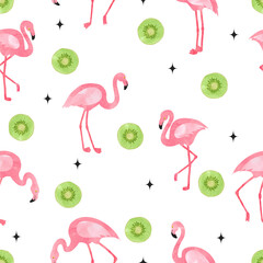 Flamingo bird pattern. Vector seamless watercolor tropical background with flamingos and kiwi fruit.