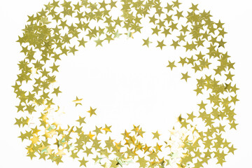 Christmas frame with gold star confetti. Holiday background for New Year on white