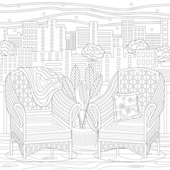 Two chairs with pillow and plaid on the terrace with town view. Place for relaxation for busy people. Coloring book page for adult with zendoodle elements. Vector hand drawing.