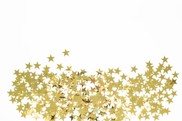 Christmas border with gold star confetti. Holiday background for New Year on white